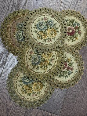 Set of 6 vintage Mid Century Floral Tapestry Brocade Doilies Coasters German